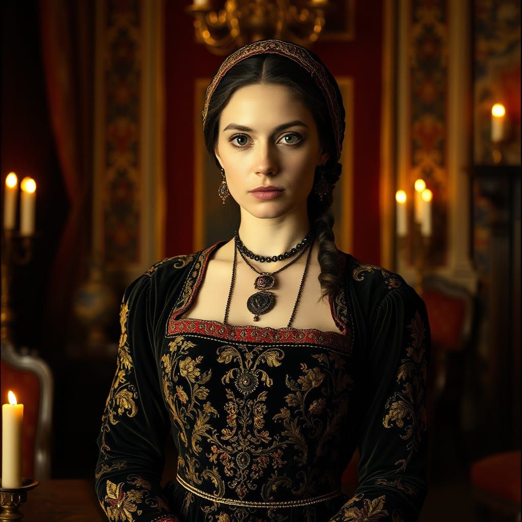 Elegant Medieval Merchant's Wife in Candlelit Chamber