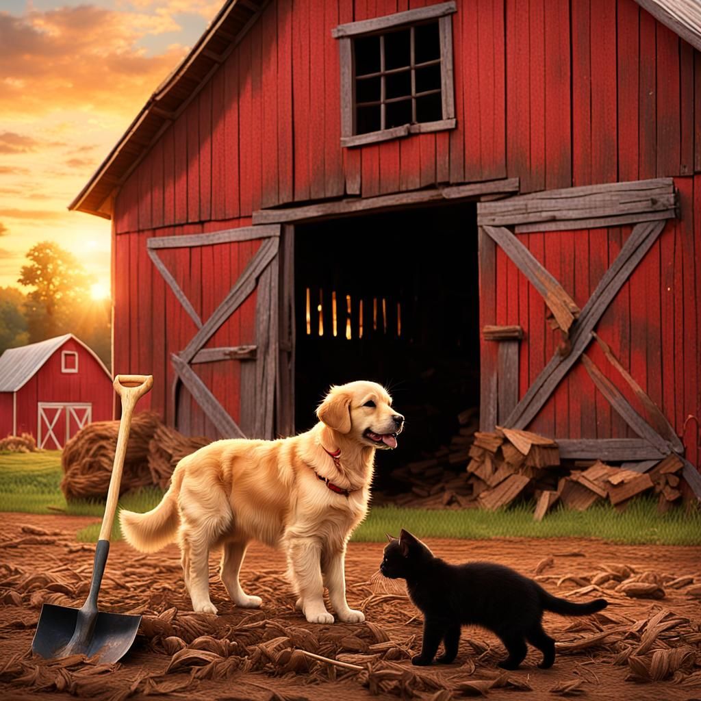 Golden Retriever Puppy Plays with Kitten in Rustic Barnyard...