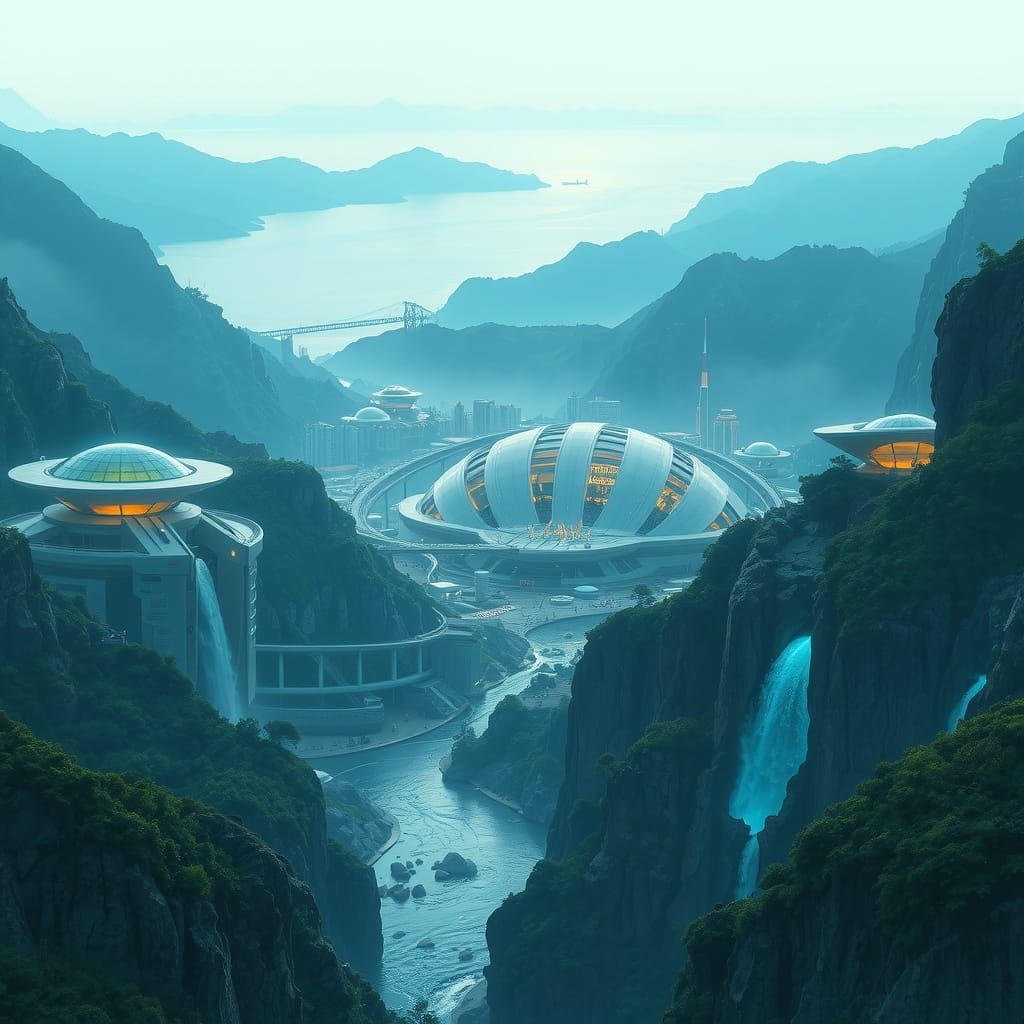Eco-Futuristic Cityscape with Bioluminescent Valley