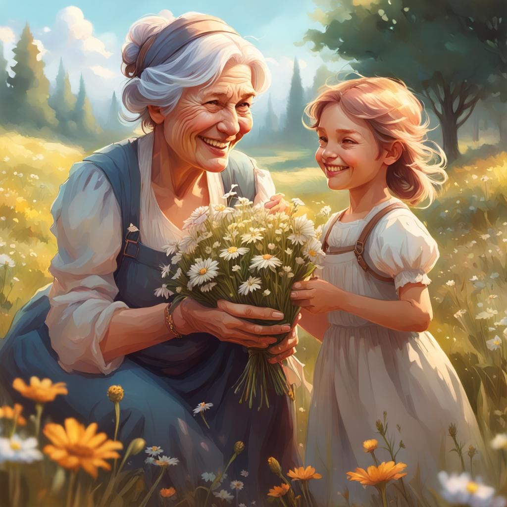 Grandmother and Granddaughter Picking Meadow Flowers