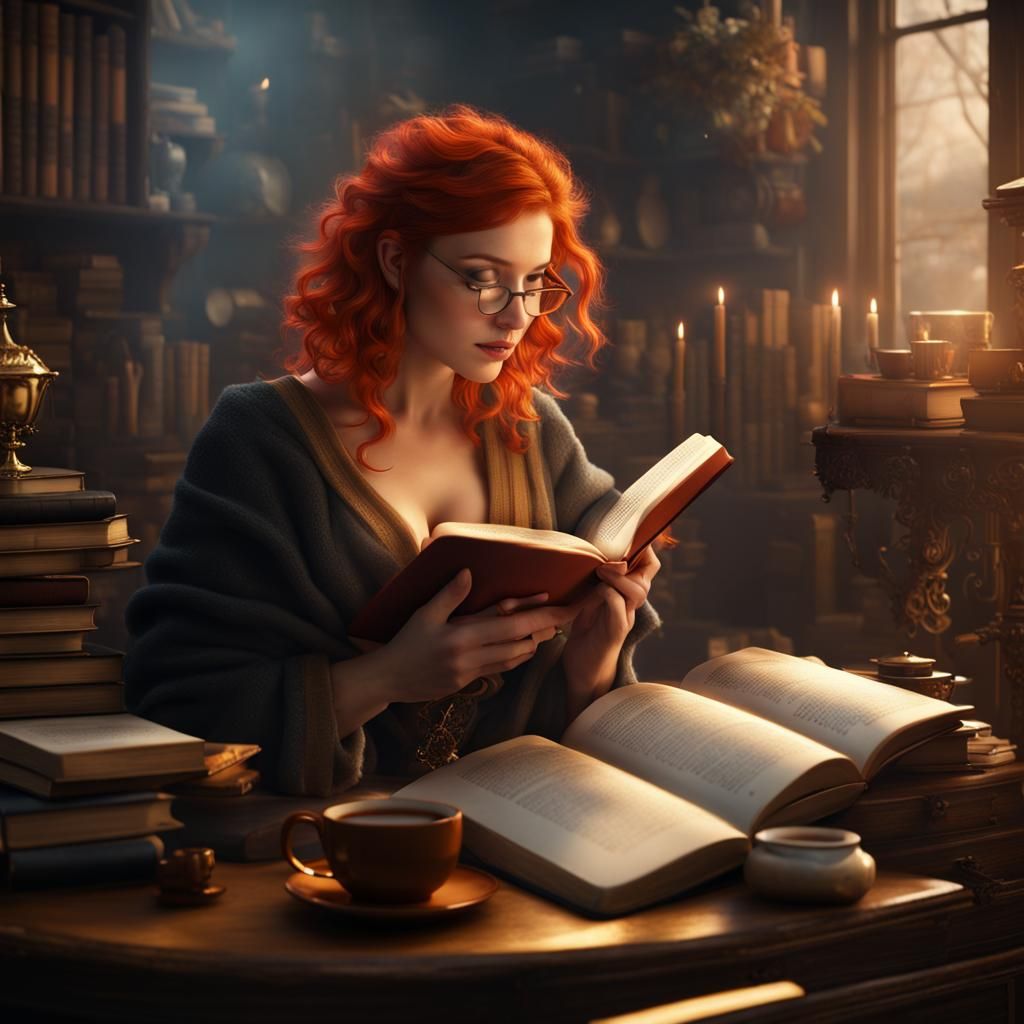 Redhead Surrounded by Books in Golden Aura