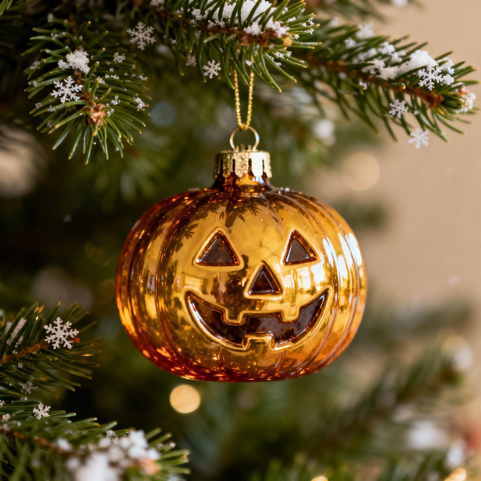 Glass Jack-o-Lantern Christmas Ornament on Fir Bough
