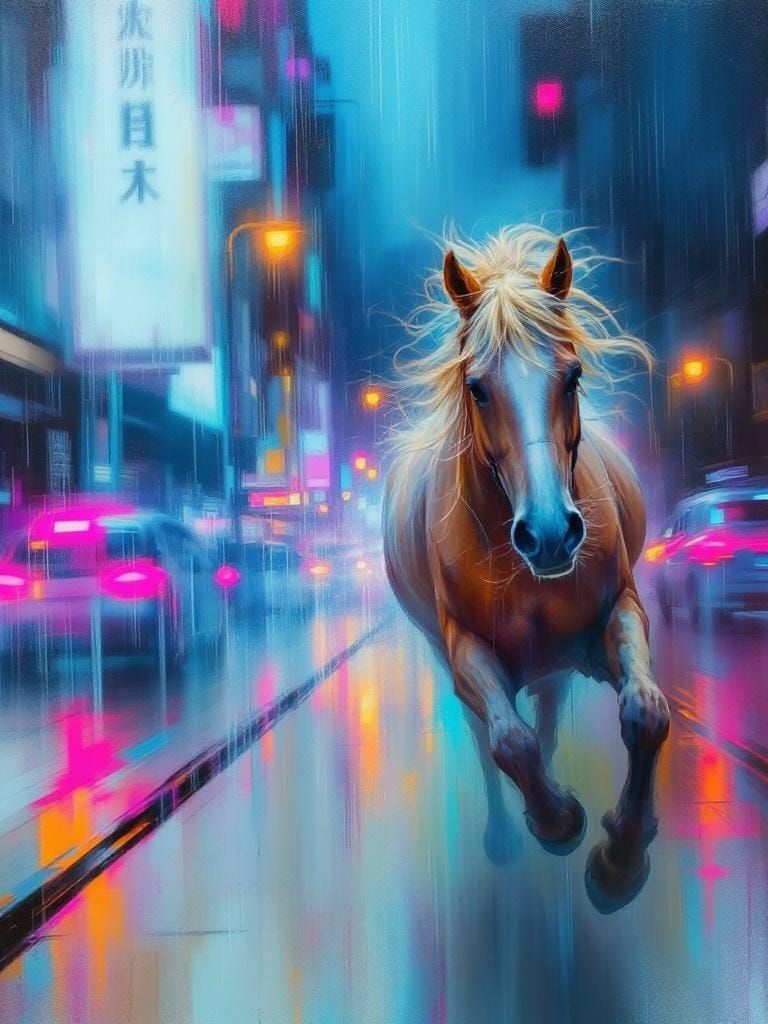 Horse Runs Through Hong Kong Neon Noir, Atmospheric Painting