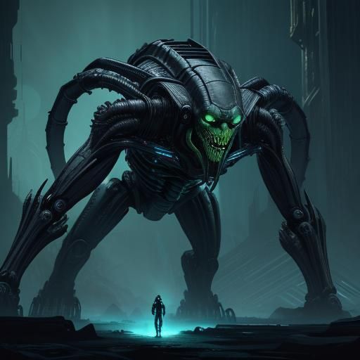 Grotesque Alien Queen on Throne in Bio-Mechanical Sci-Fi Art