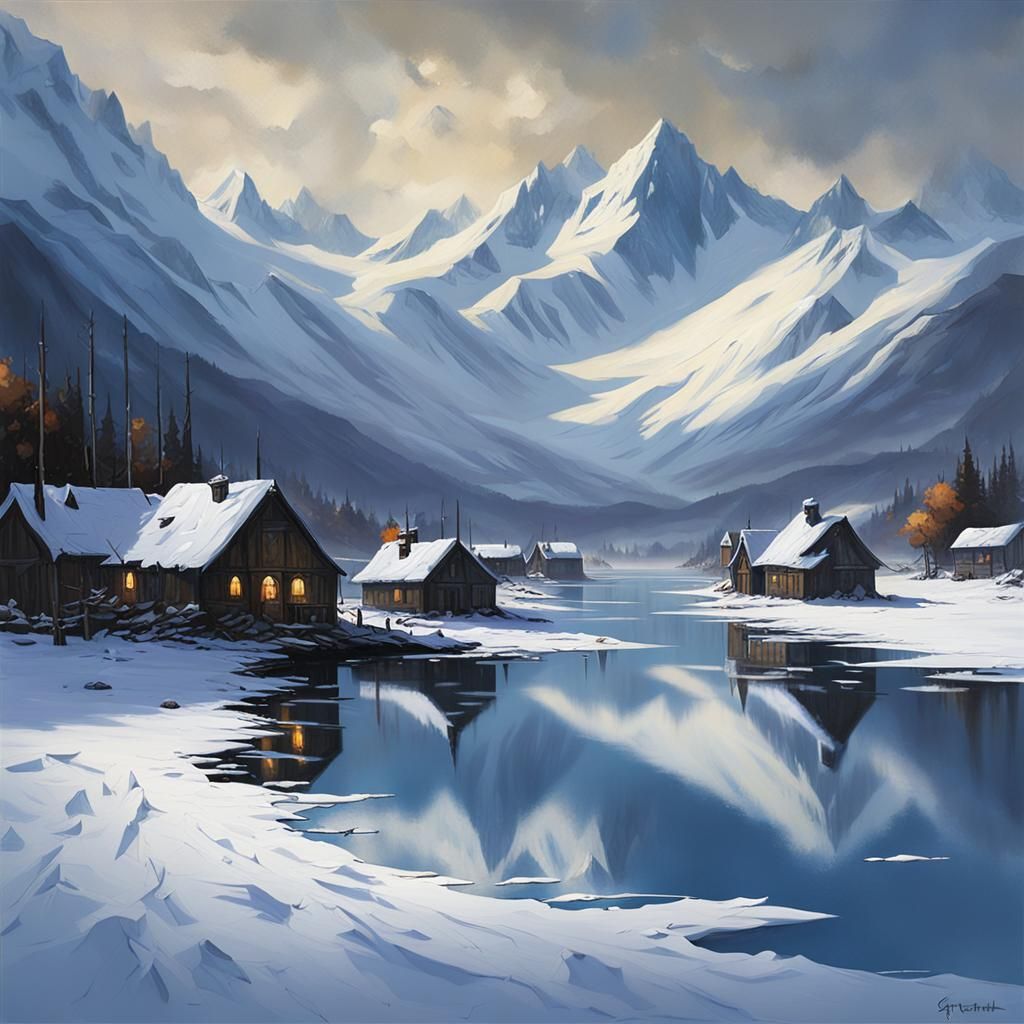 Sinister Village on Iced Lake with Snowy Mountains