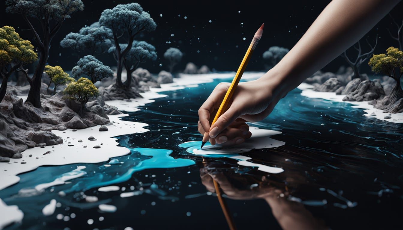 Artist's Hand Creates Surreal River Scene