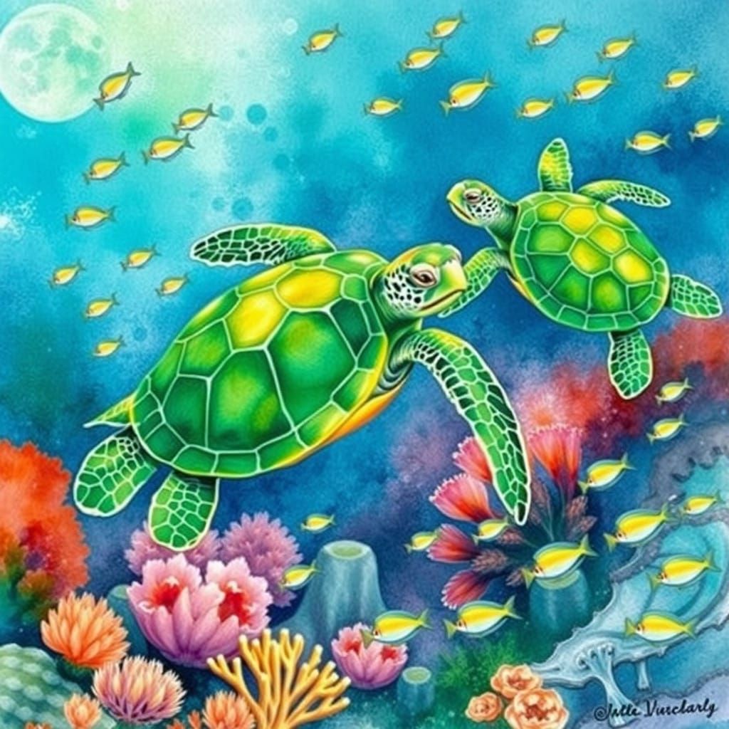 Whimsical Green Sea Turtles in Watercolour Ocean Scene