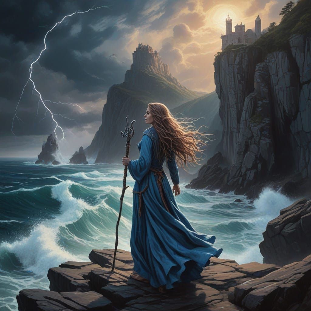 Mystical Sorceress Radiates Power on Stormy Cliff