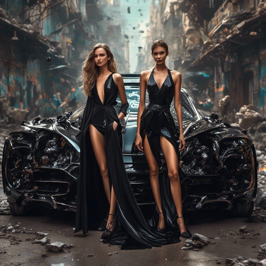 Beautiful Woman in Jeweled Dress with Futuristic Car