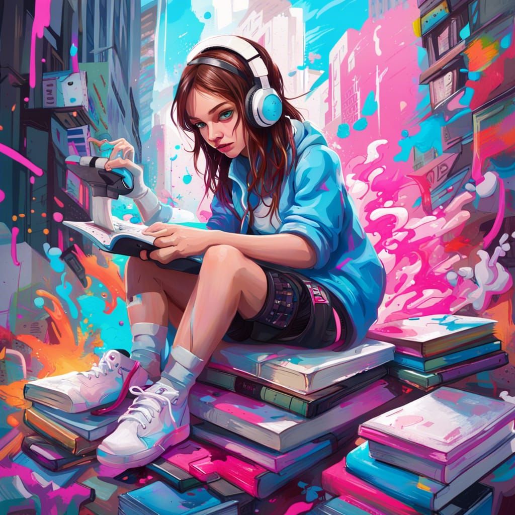 Girl Gamer in Neon Graffiti Art Style