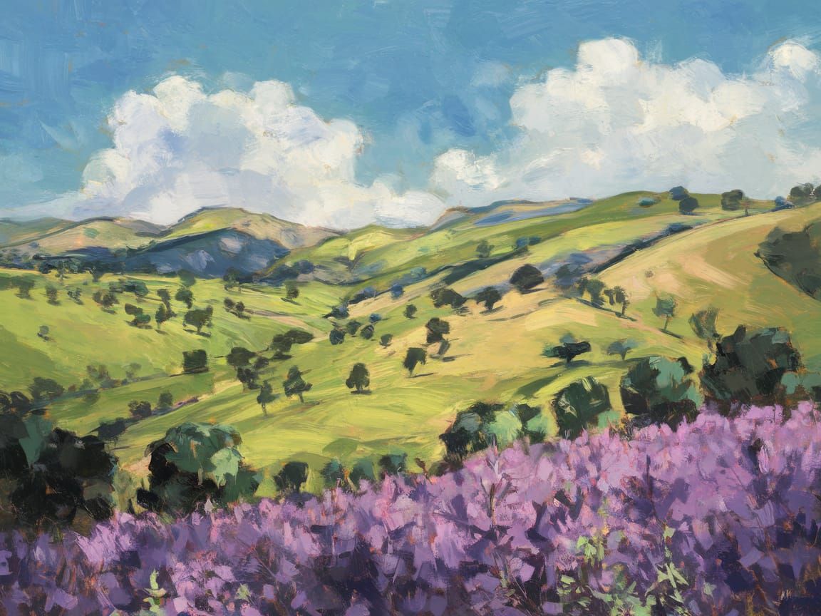 Vibrant Impressionist Landscape with Rolling Hills and Lush ...