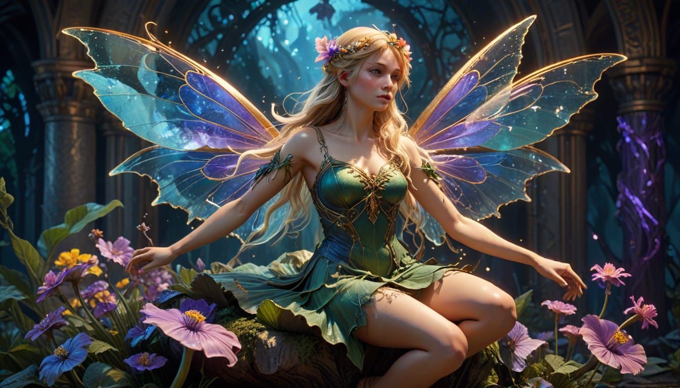 Dark Fantasy Fairy with Long Blonde Hair on Neon Mushroom