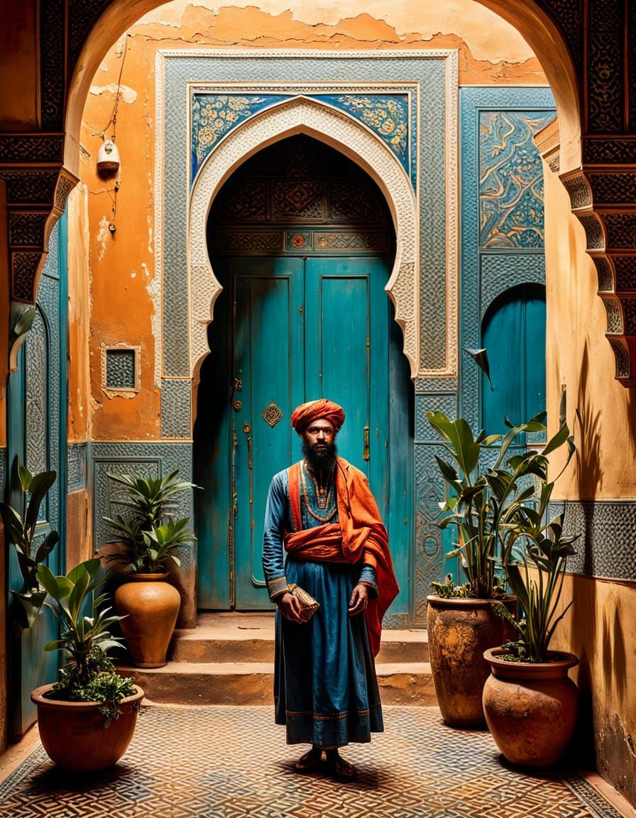Elegant Traveler in Moroccan Casbah, Inspired by Delacroix's...