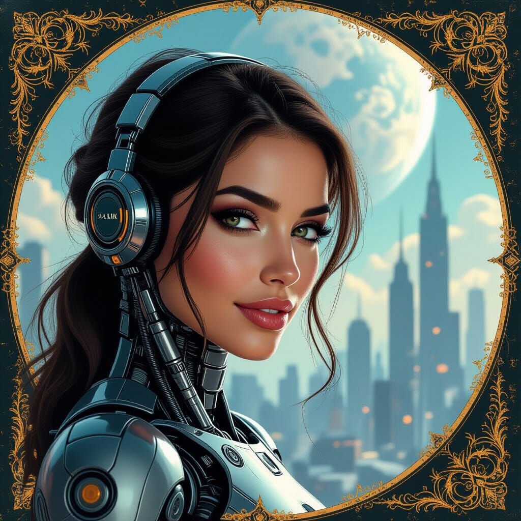 Cyborg Woman Portrait with Klimt-Inspired Ornaments