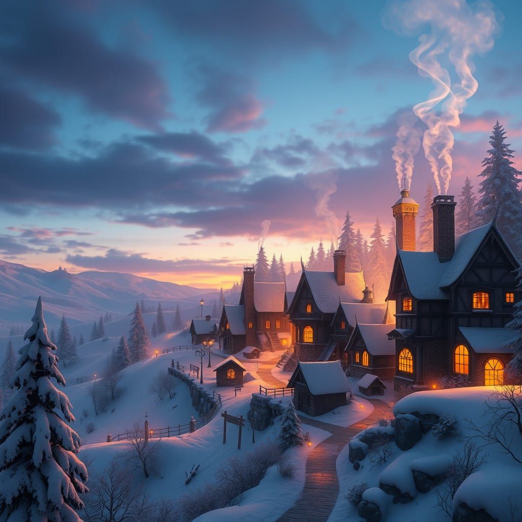 Magical Winter Village at Dusk in Whimsical Style