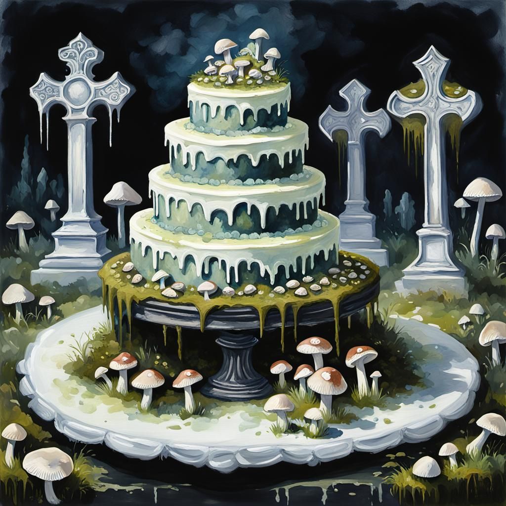 Gothic Cemetery Wedding Cake in Gouache Style