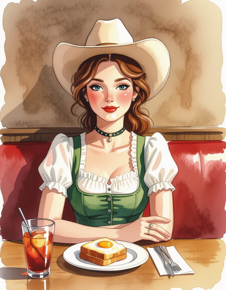 Waitress Portrait in Wild West Restaurant, Storybook Style
