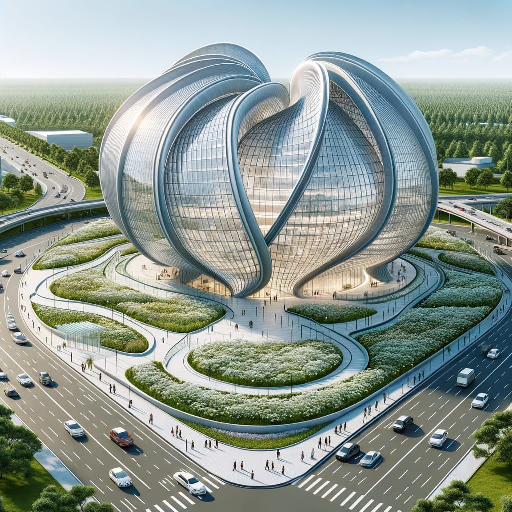 Futuristic Glass Petal Building with Garden