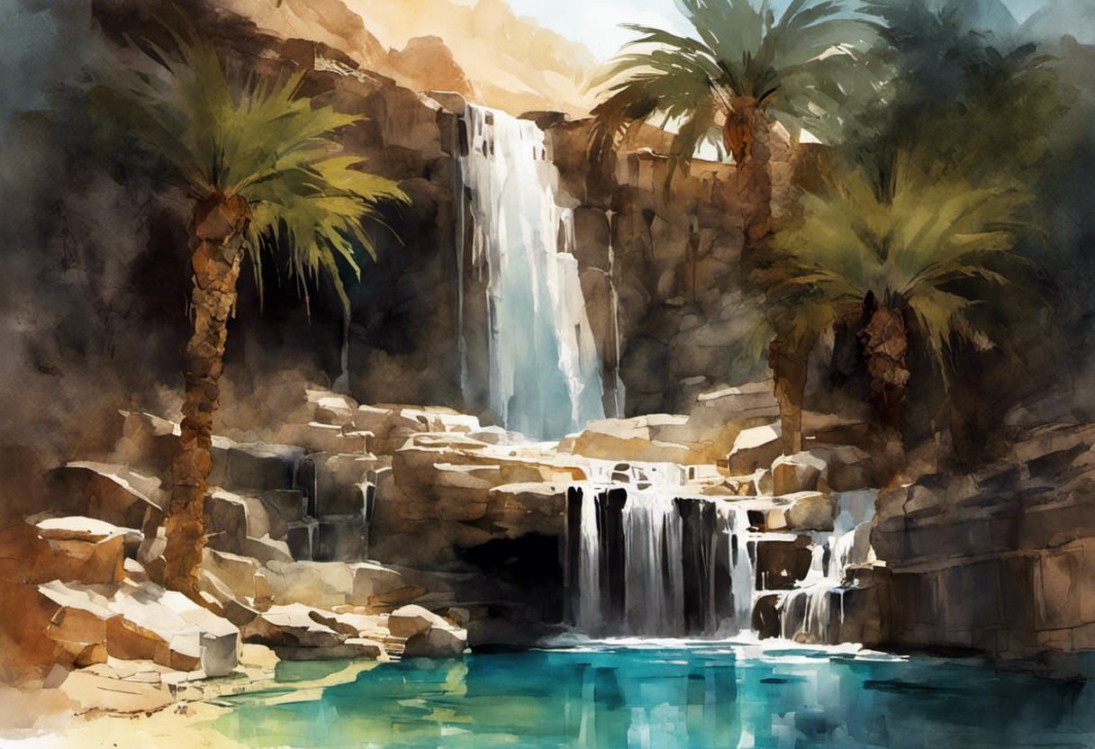 Ein Gedi Hot Springs Waterfall in Watercolor Style