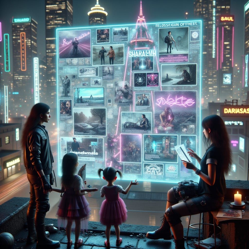 Cyberpunk Family Watches Holographic News in Dystopian City