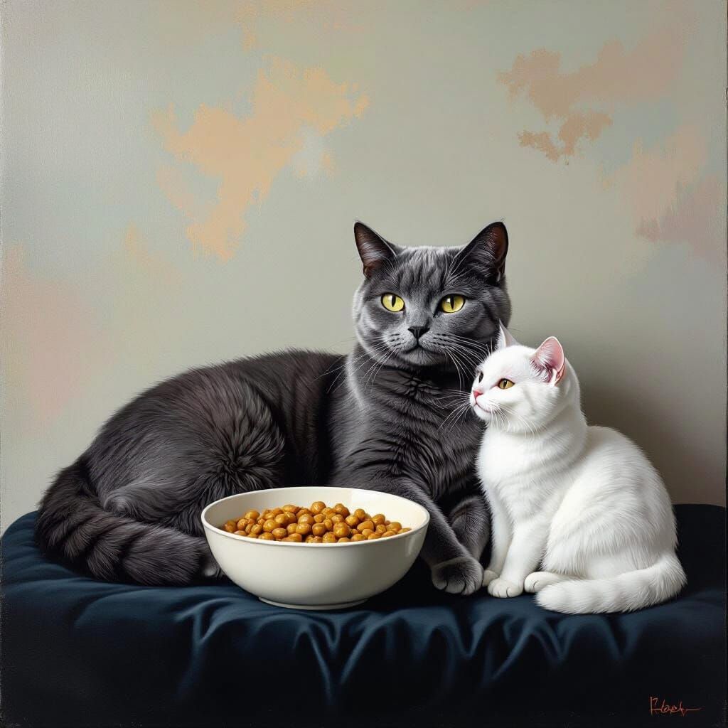 Two Cats: One Relaxing, One Feeding, Soft Pastel Colors