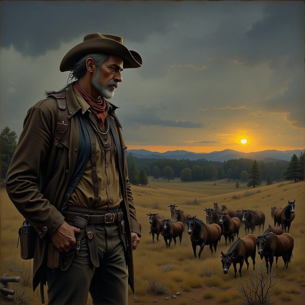 Man Walks Towards Woods in Old West Landscape