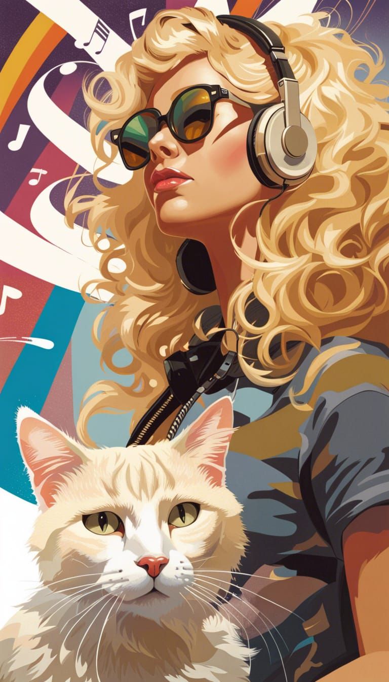 Hyperrealistic Woman Listening to Music with Cat