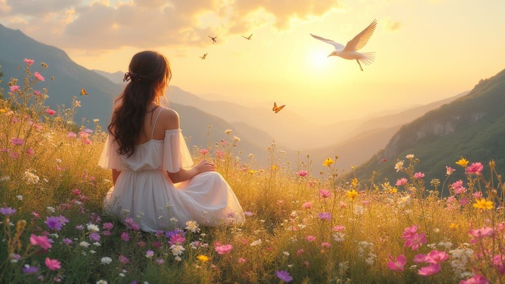 Woman in Mountain Meadow, Impressionist Style