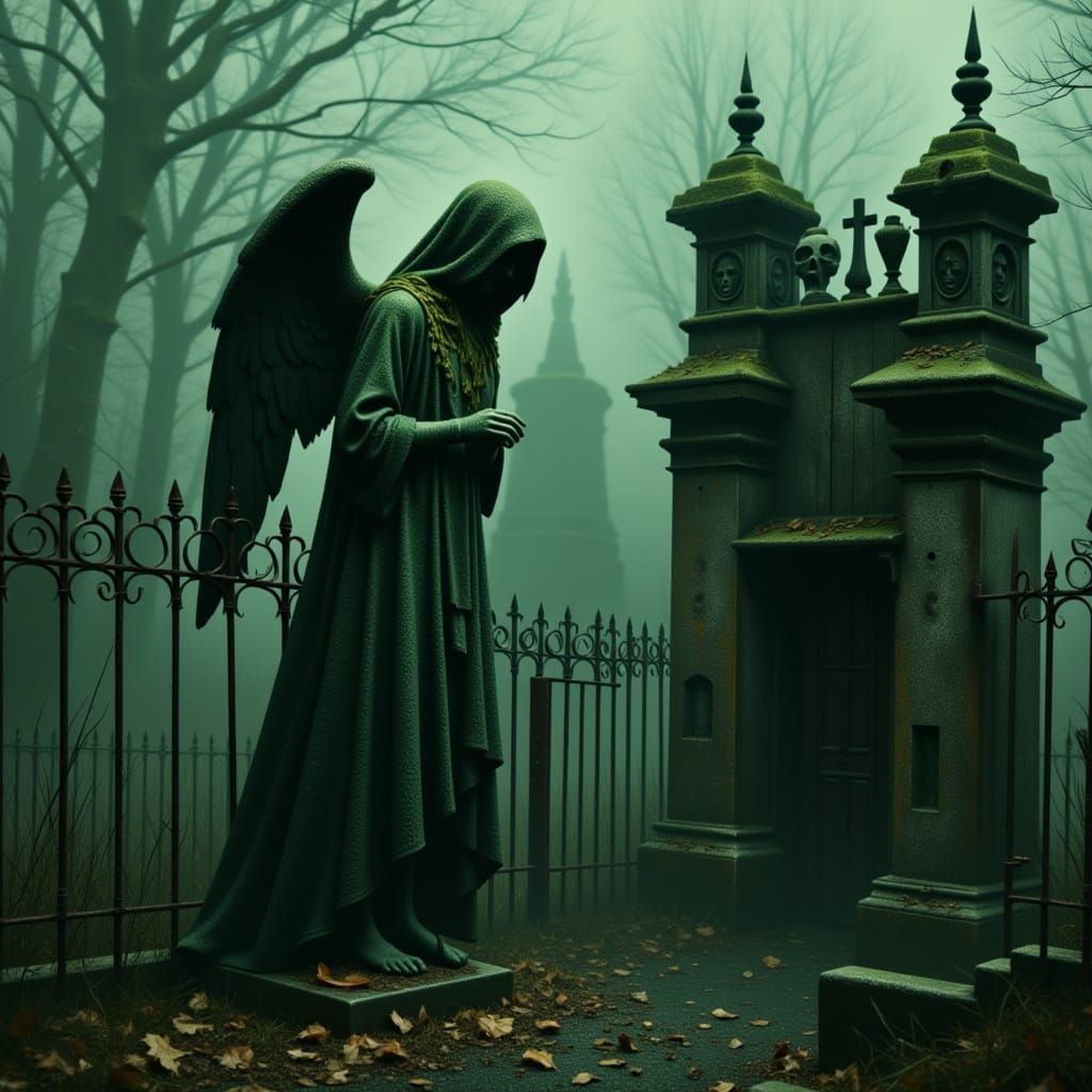 Eerie Angel Statue in Foggy Cemetery, Gothic Art