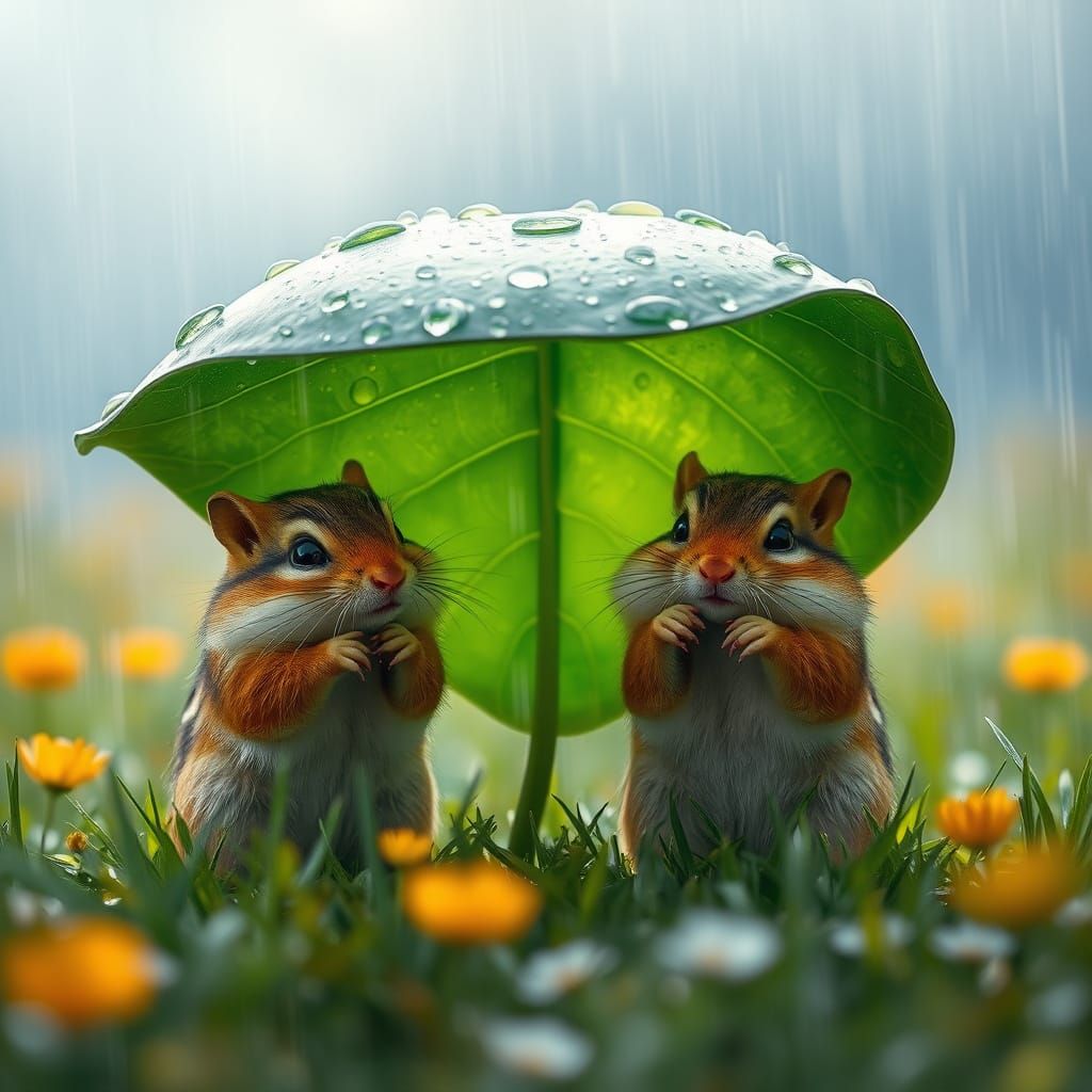Charming Chipmunks Shield from Rain in Whimsical Meadow