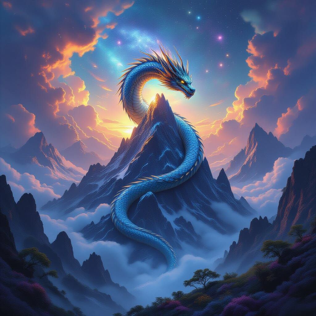 Dragon on Crystalline Peak with Bioluminescent Valley