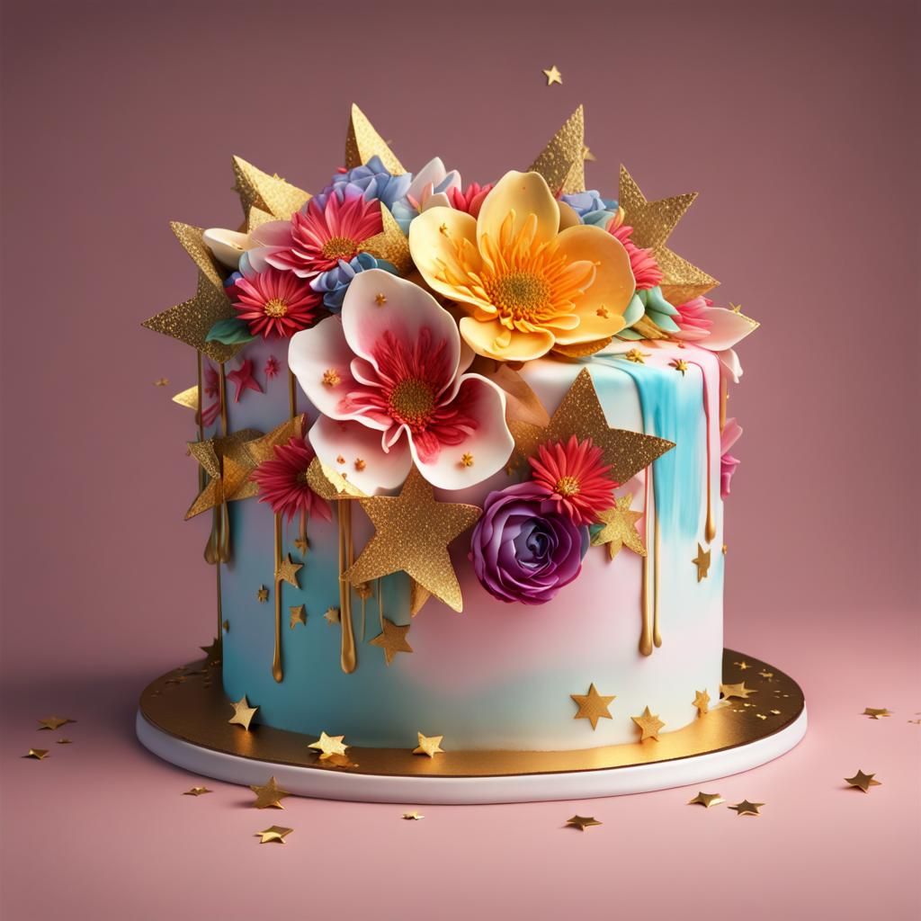 Hyperrealistic Flower Cake with Gold Stars