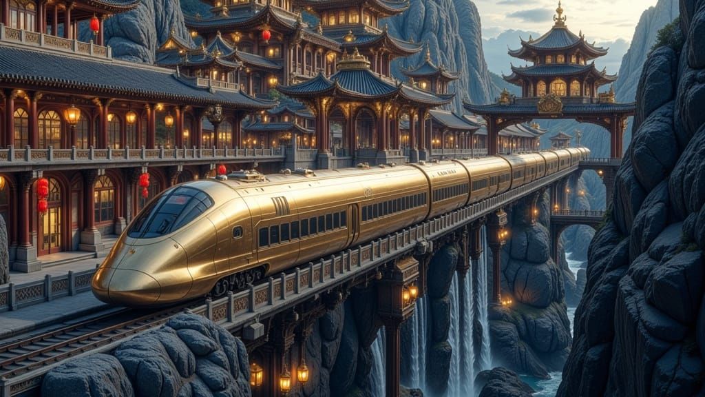 Futuristic Gold Train in Ancient Chinese City