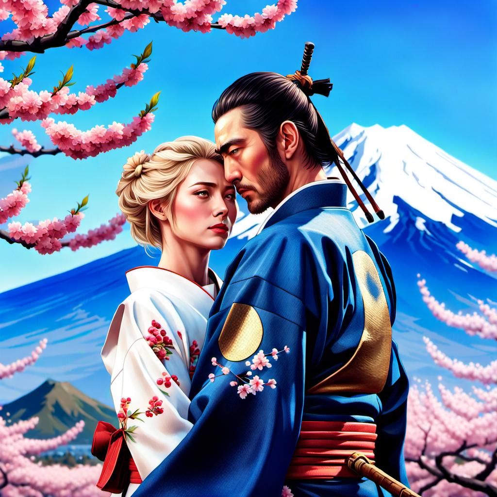 Samurai and Woman with Cherry Trees, Art Nouveau