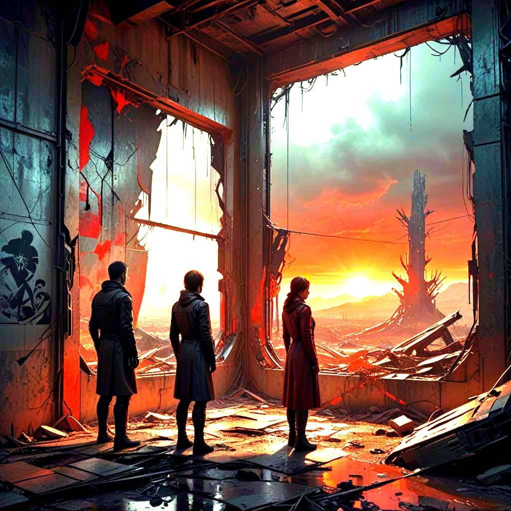 Post-Apocalyptic Scene: Figures Gaze at Memories Amidst Ruin