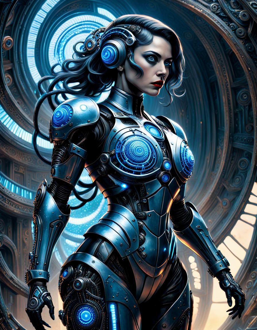 Dieselpunk Woman in Fractal Vortex with Biomechanical Tendri...