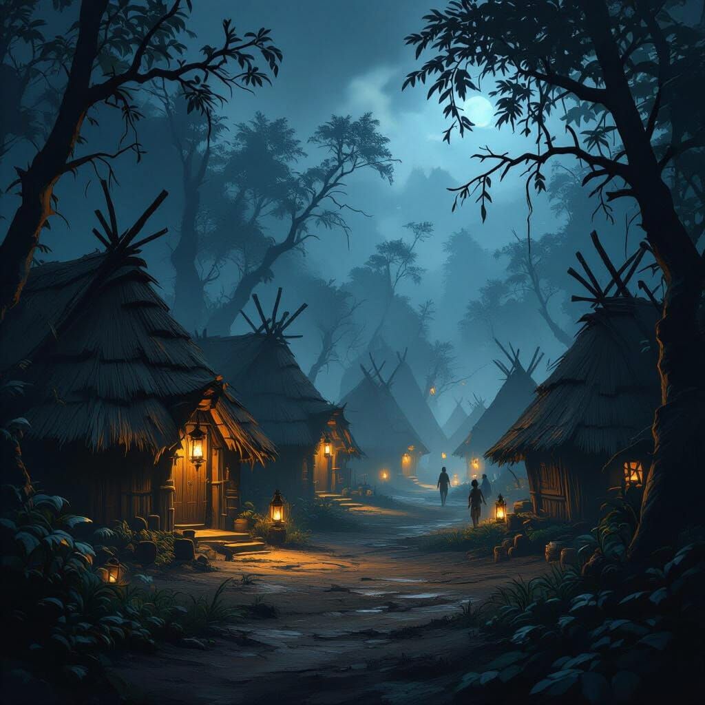 Dark Tribal Village in Forest with Flickering Lanterns