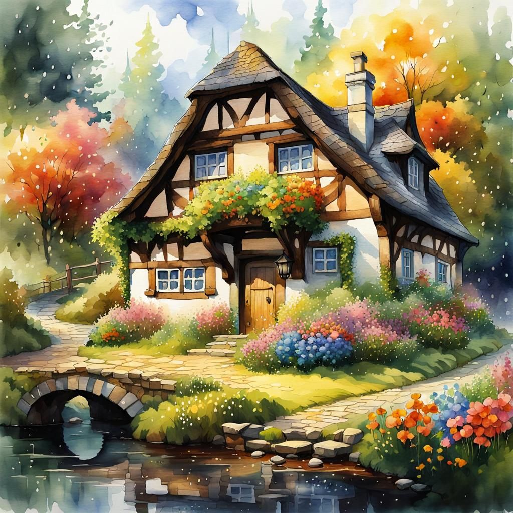 Enchanting Forest Cottage in Watercolor Style