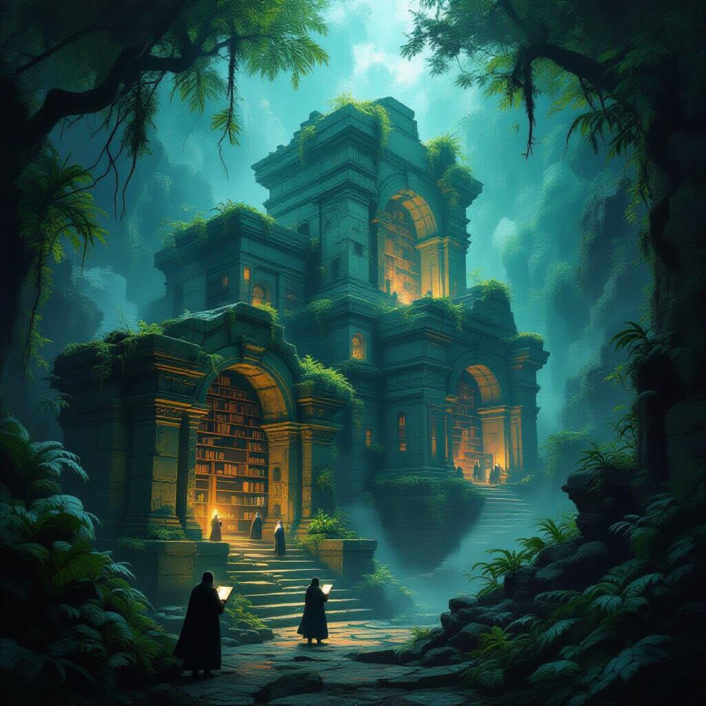Alien Jungle Library in Ancient Stone Ruins