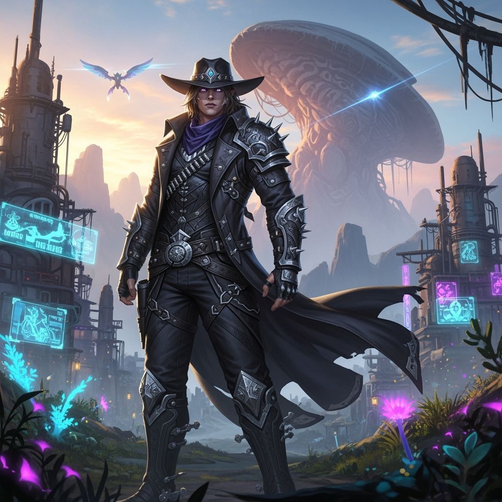 Celestial Elven Cowboy in Dystopian Western Landscape