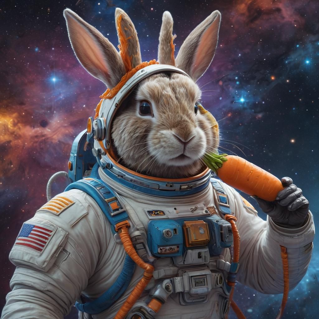 Bunny in Spacesuit Eating Cosmic Carrots