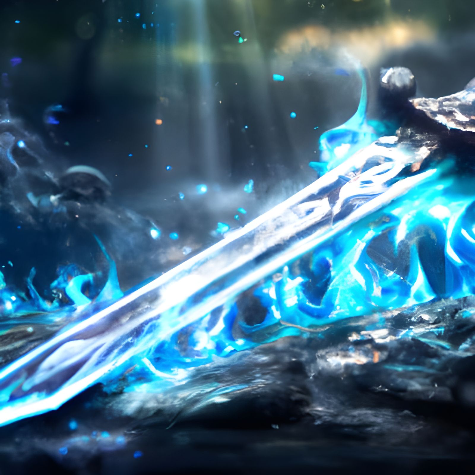 Blue Fire Sword in Digital Matte Painting Style