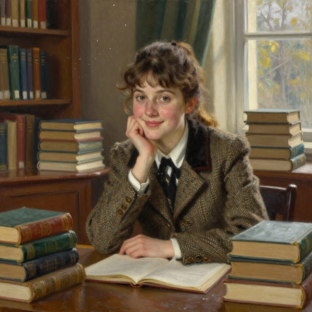 Academic Woman in Library Oil Painting