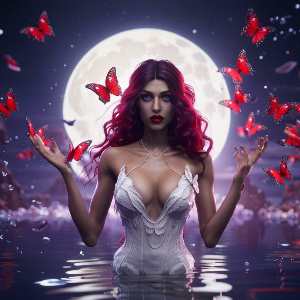 Magician in Butterfly Dress Under Moonlight, 3D Render
