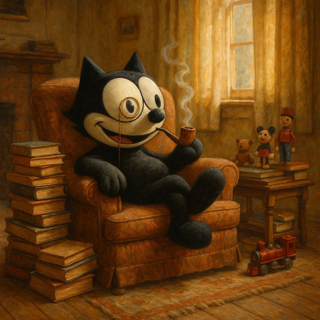 Felix the Cat in Cozy Living Room, Hyperrealistic Painting