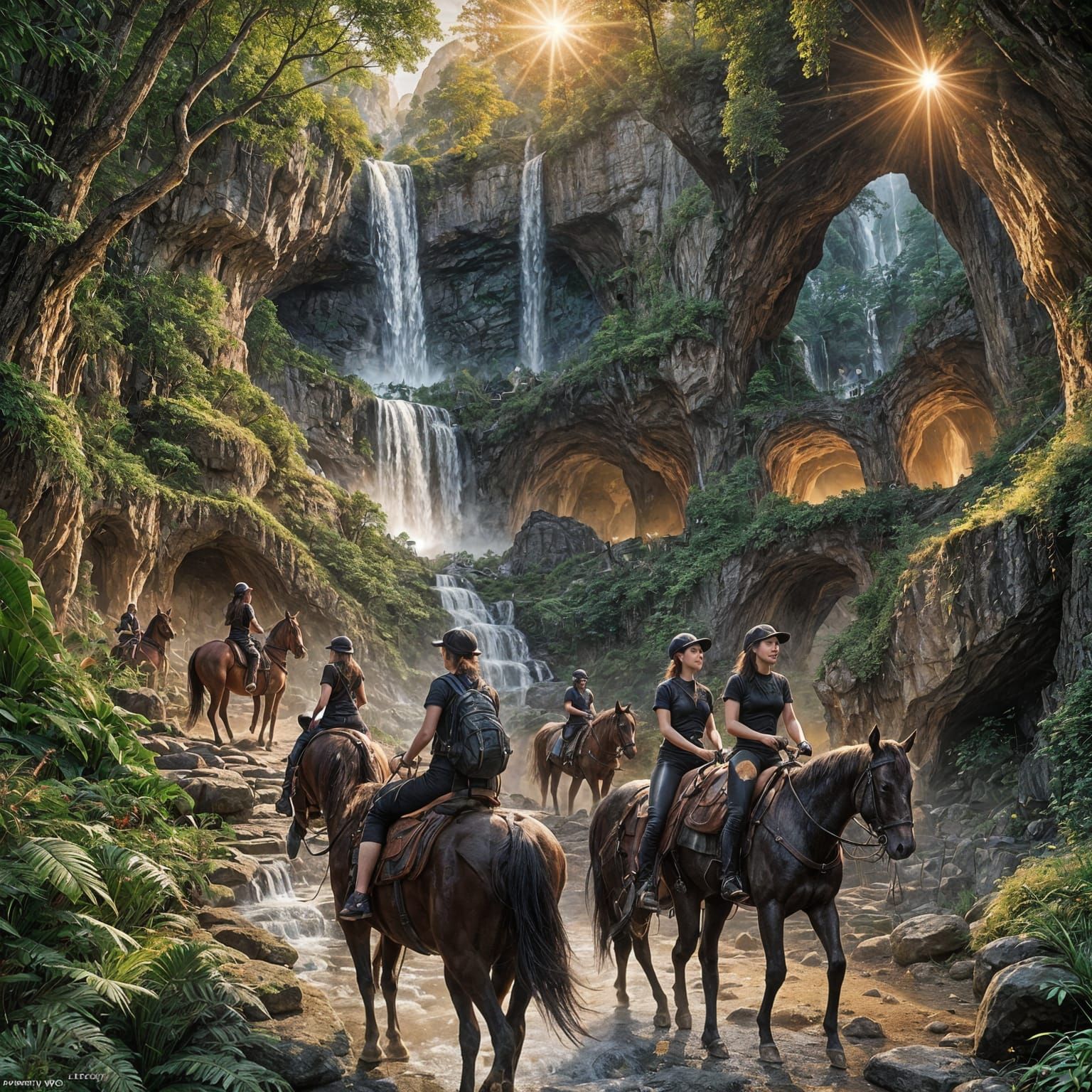 Women Ride Horses Through Forest Cavern at Sunset