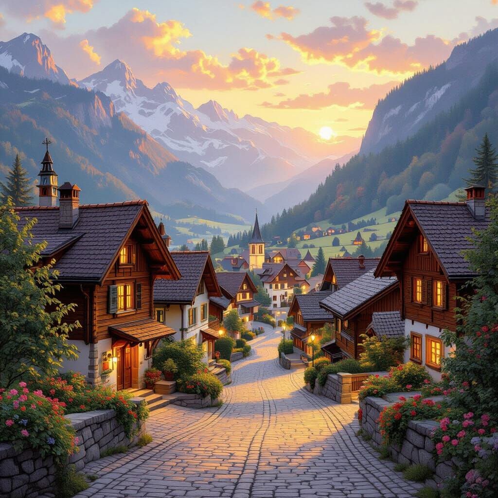 Scenic Swiss Alps Village in Classical Style