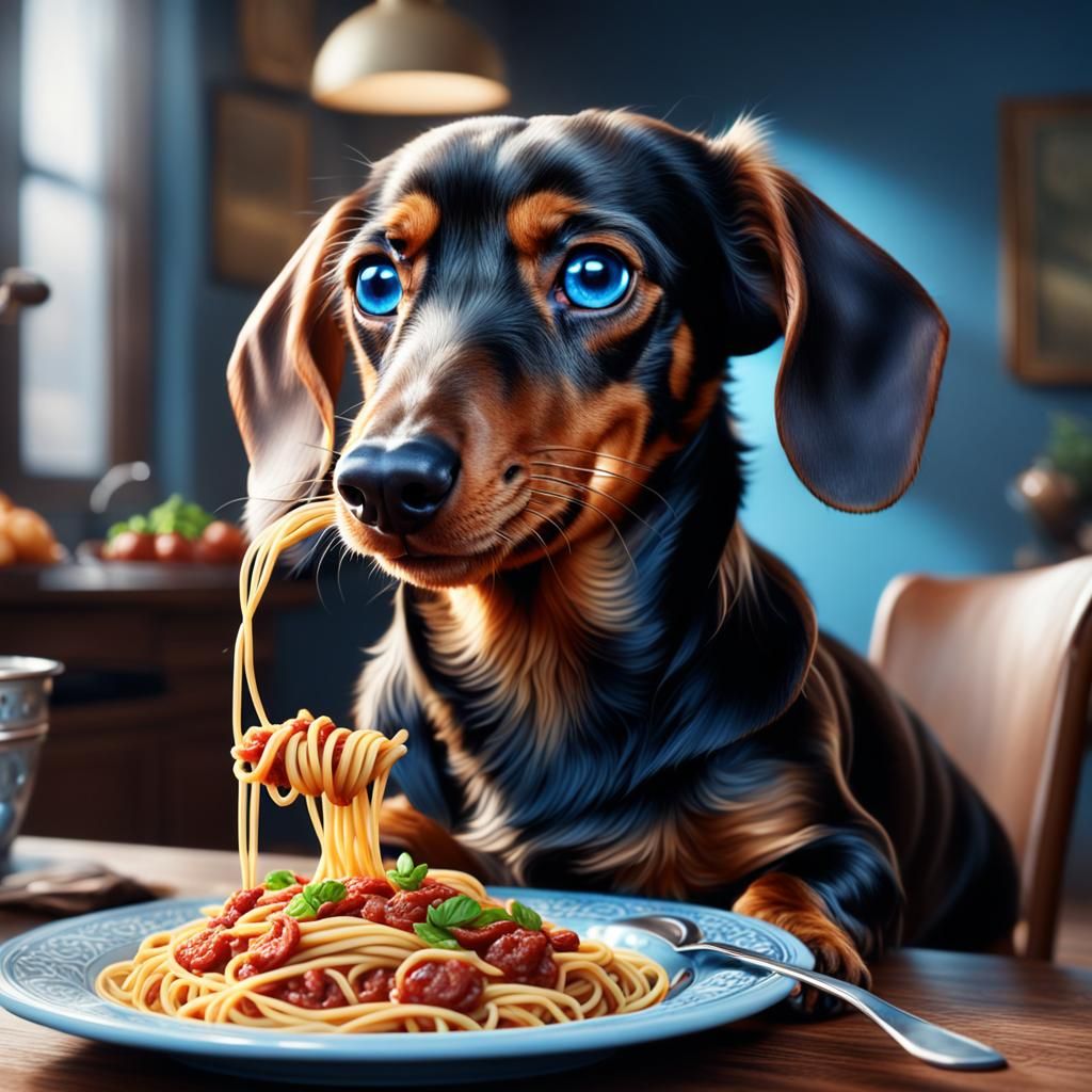 Blue-Eyed Dachshund's Spaghetti Feast: Digital Matte Paintin...