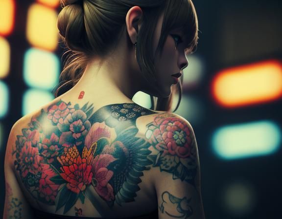 Taylor Swift with a colourful yakuza tattoo intricate details, HDR, beautifully shot, hyperrealistic, sharp focus, 64 me...