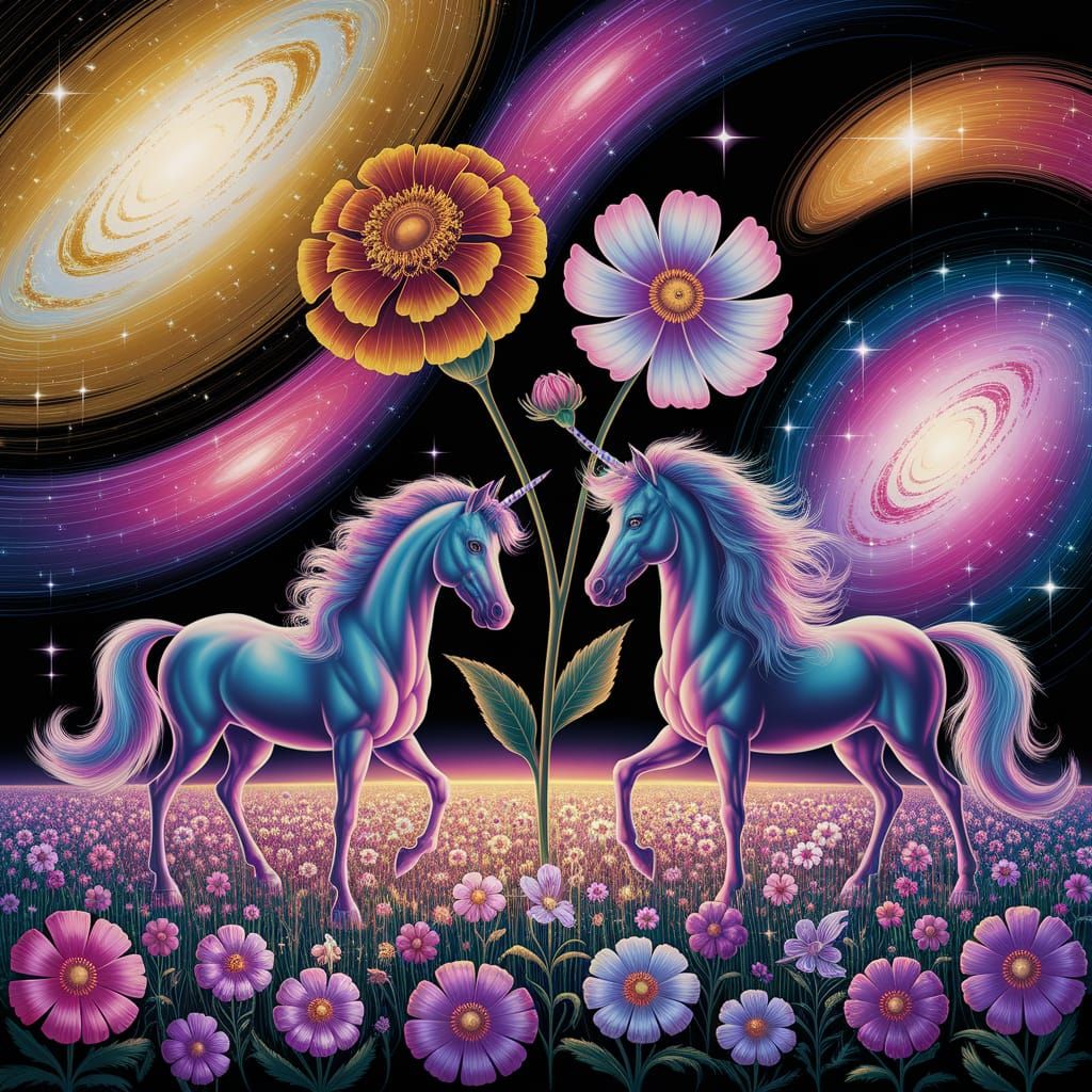 Marigold and Cosmos Flower Field with Unicorns